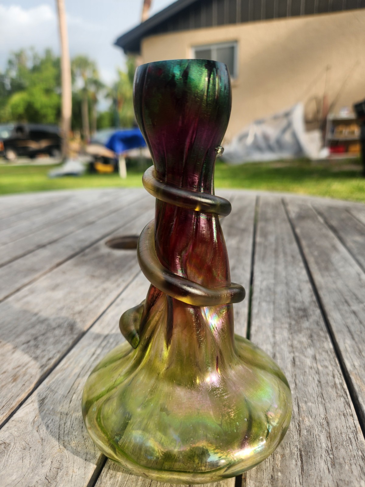 Antique Bohemian Rindskopf Serpent Snake Oil Spot Vase Grenada Pepita ~ READ