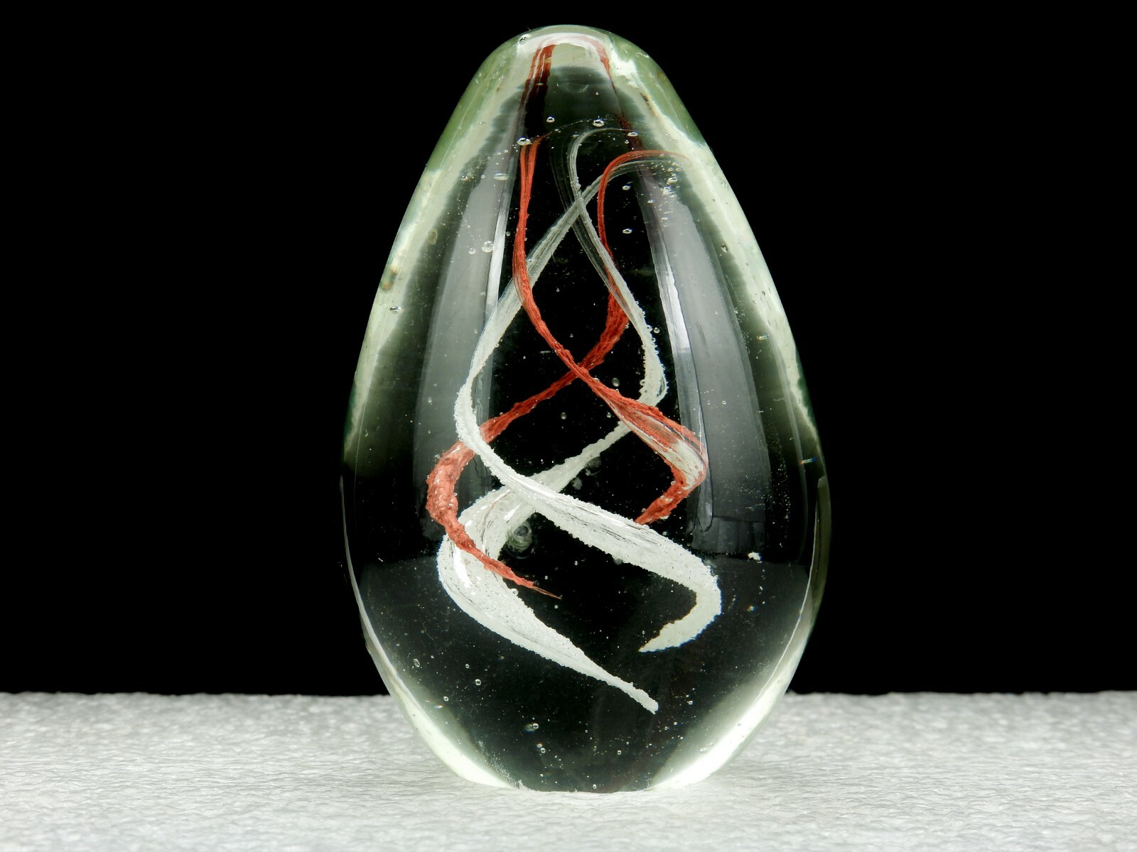 Glass Paperweight, Small Egg, 9 Oz, Red & White Spirals, Tiny Bubbles, #PW-11