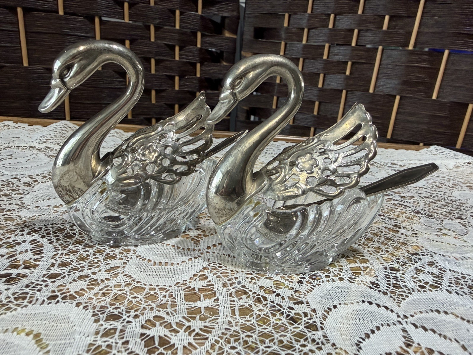 Vintage Italian Silver Plated & Glass Swan SALT & PEPPER HOLDER SET with spoons