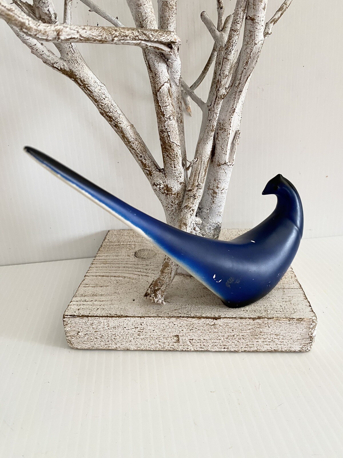 Mid Century Modern Bird Figurine Art Deco Ceramic Norleans Japan Blue Long Tail