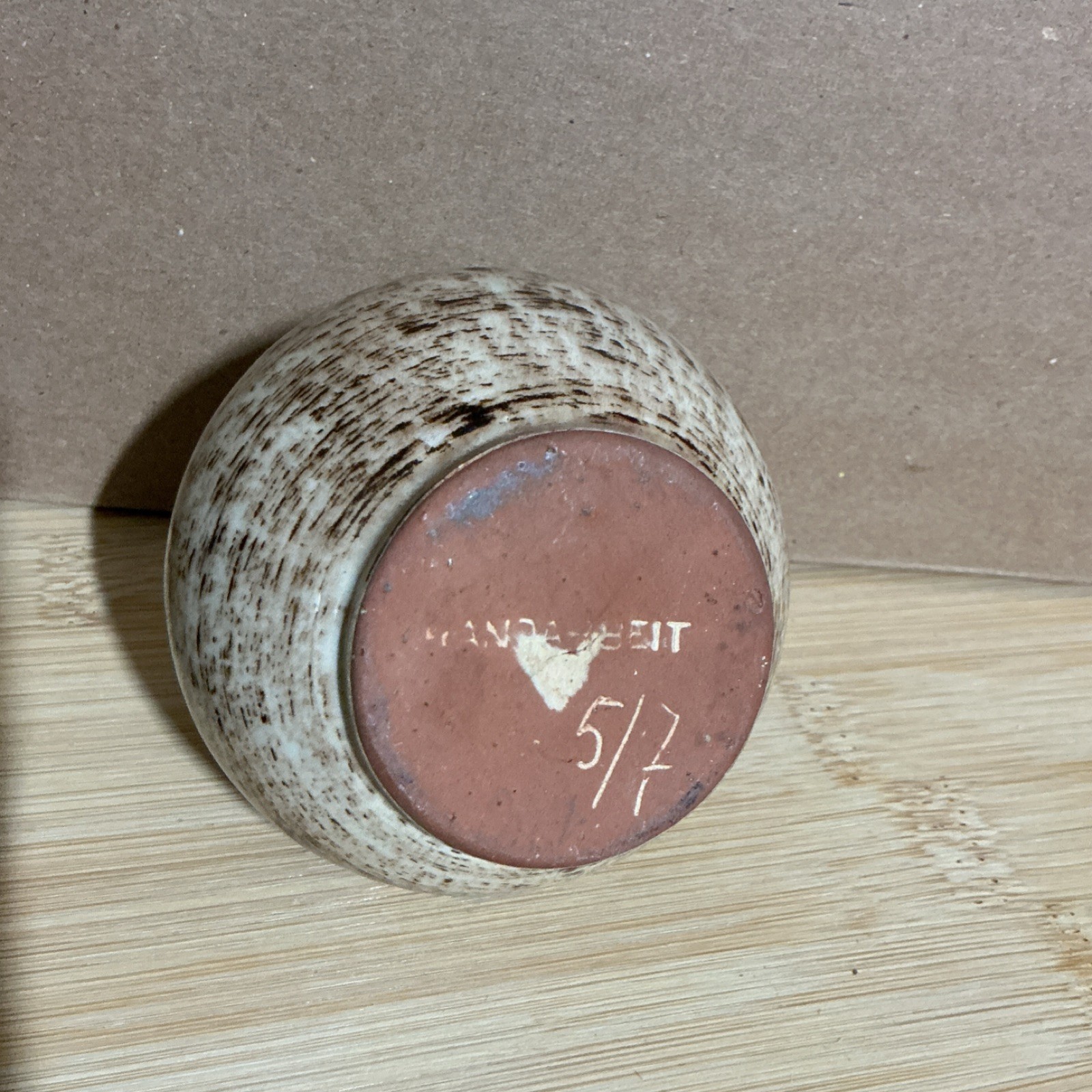 HANDARBEIT GERMAN ANTIQUE CLAY Art Vase Pottery 2.5” MARKED 5/7 OLD Round