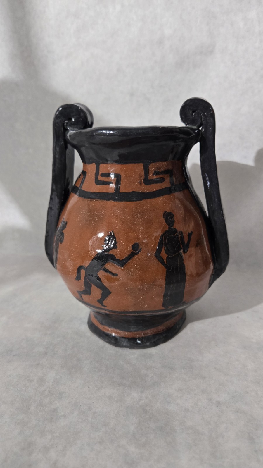 Vintage Vase Red Clay Pottery Greek Mythology? Double Handle Jug 7.5″ Signed AK