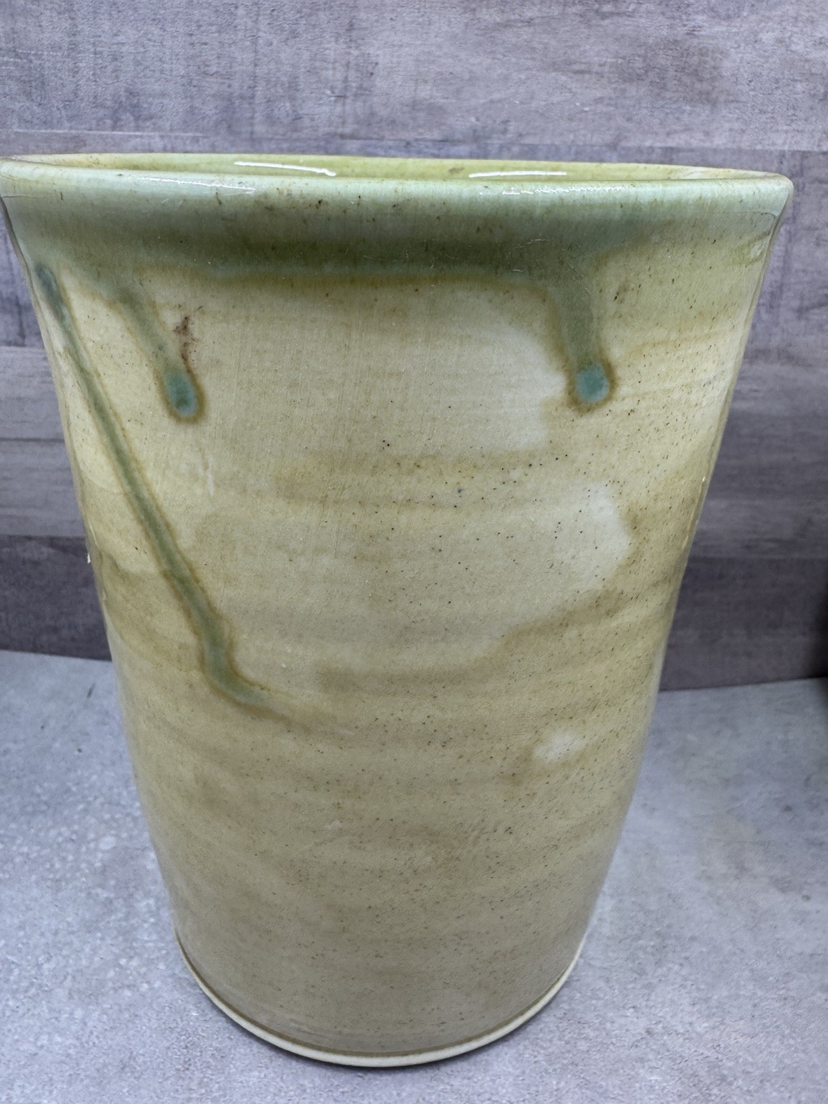 Art Studio Pottery Vase 7” Ribbed Wheat Grass Green Drip Glaze Signed Pottery