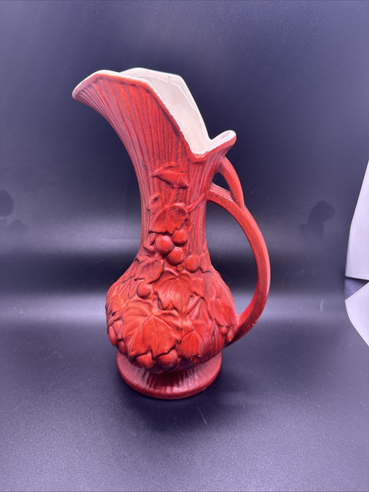 Vintage McCoy Pottery Pitcher Red Fruit Floral Vase MCM 9.5 Inches