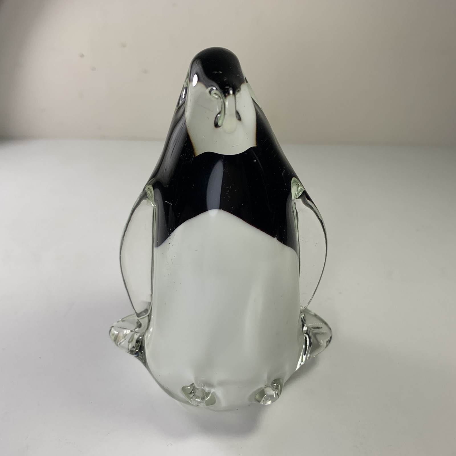Glass Black & White Penguin Paperweight Figurine Hand Blown 4.75 inches Tall