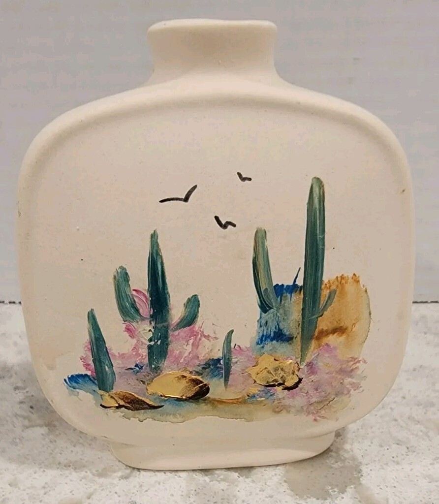 Cactus Southwest Themed Vase Tasso Hand Painted Teal Purple Golds 4″ Tall