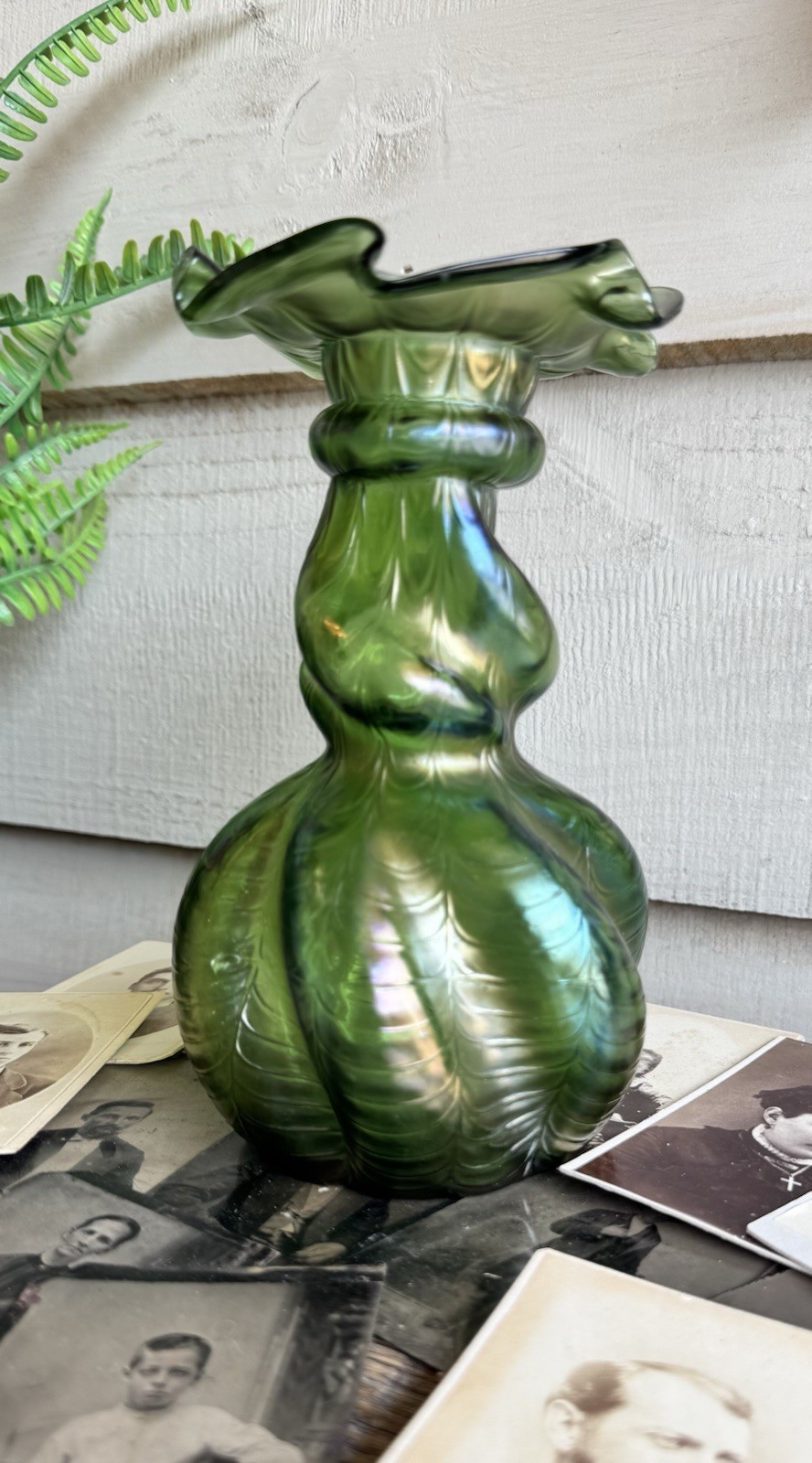 Antique Bohemian Czech Kralik Green Iridescent Art Nouveau Glass Corseted Vase