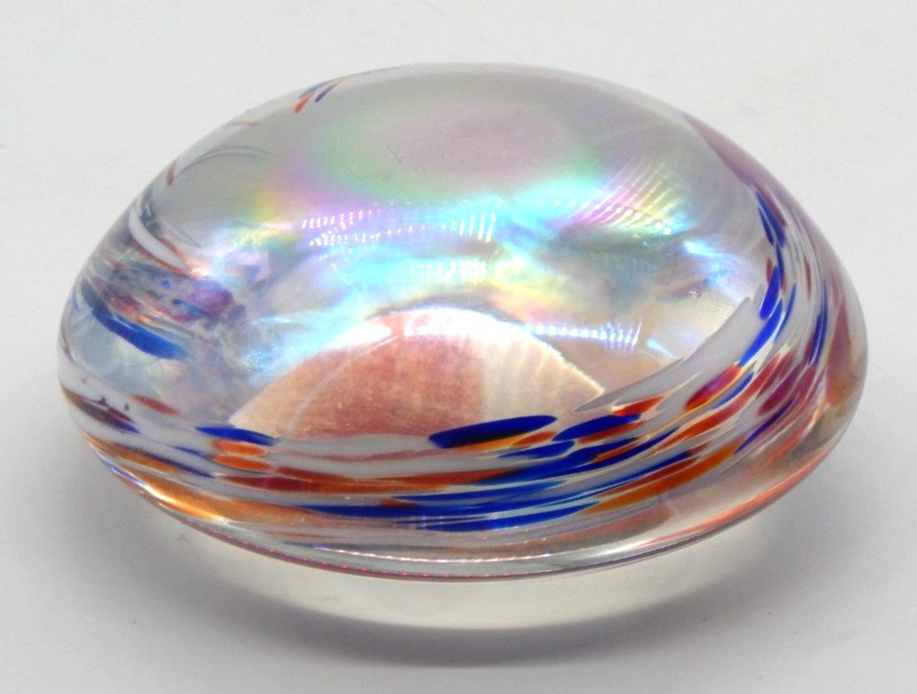 Iridescent Art Glass Paperweight Clear Dome Multicolored Swirl 4″ Decorative Orb