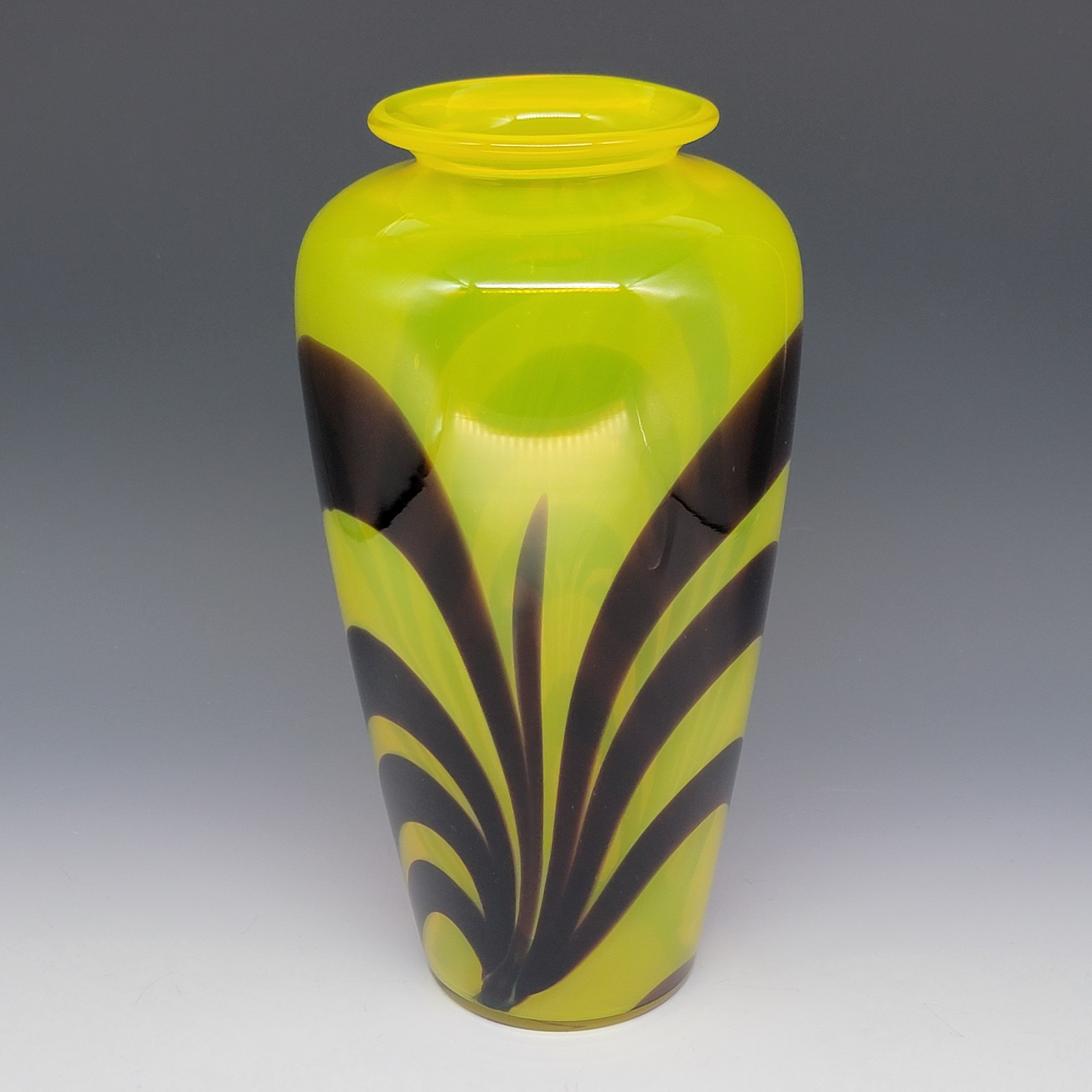 Yellow Blown Glass Vase With Brown Swirls 9.75″ Tall UV Reactive Cadmium GLOWS