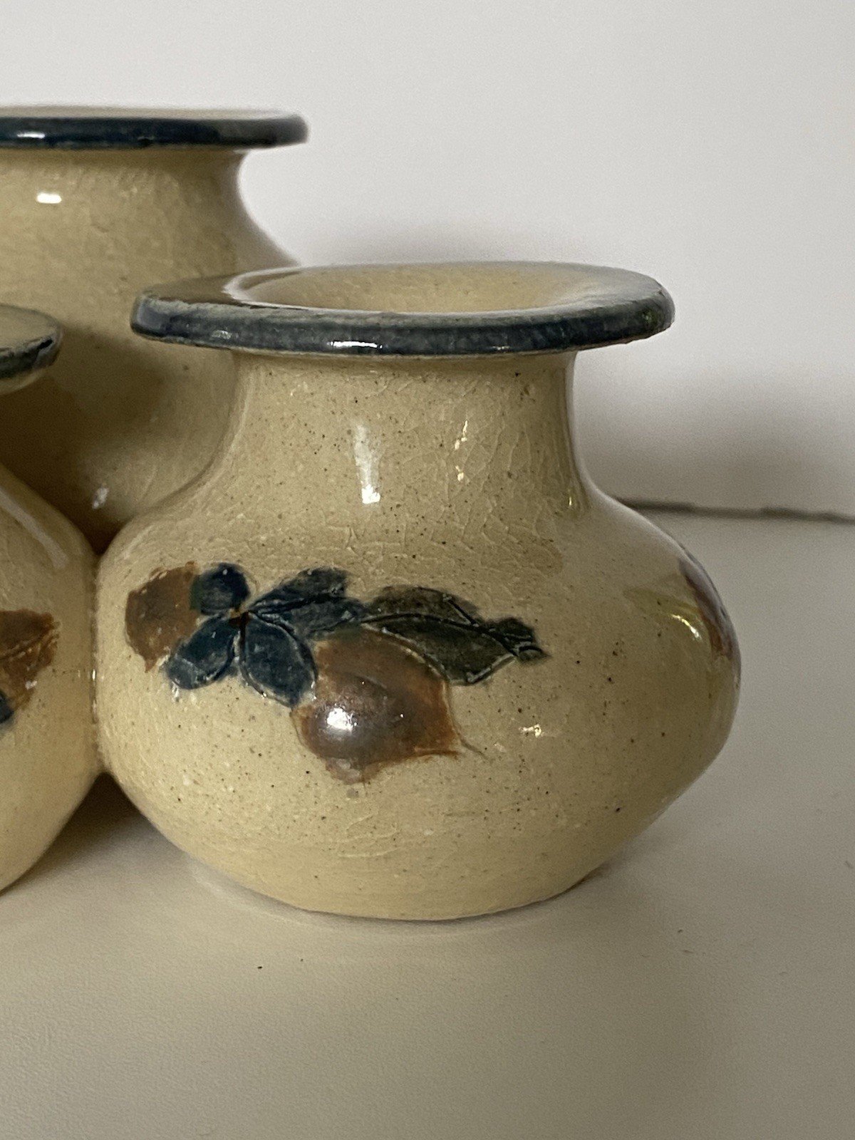 Handmade Art Pottery Small Bud Vase 3 Attached Beige Blue Flowers 3” Signed EUC
