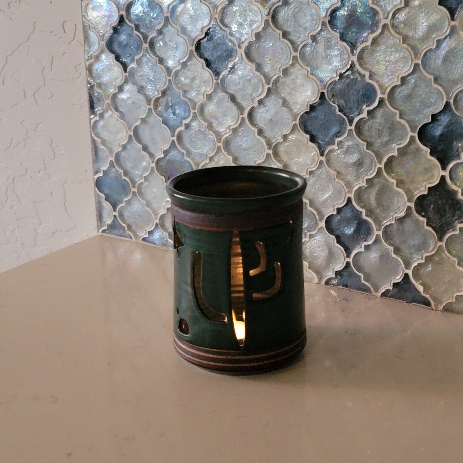 Vtg Southwestern VICTORIA LITTLEJOHN Moon Stars Cactus Art Pottery Vase Candle