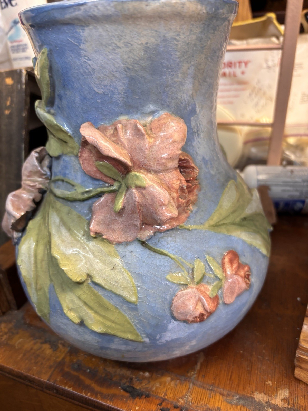 Antique Barbotine Majolica French Floral Vase
