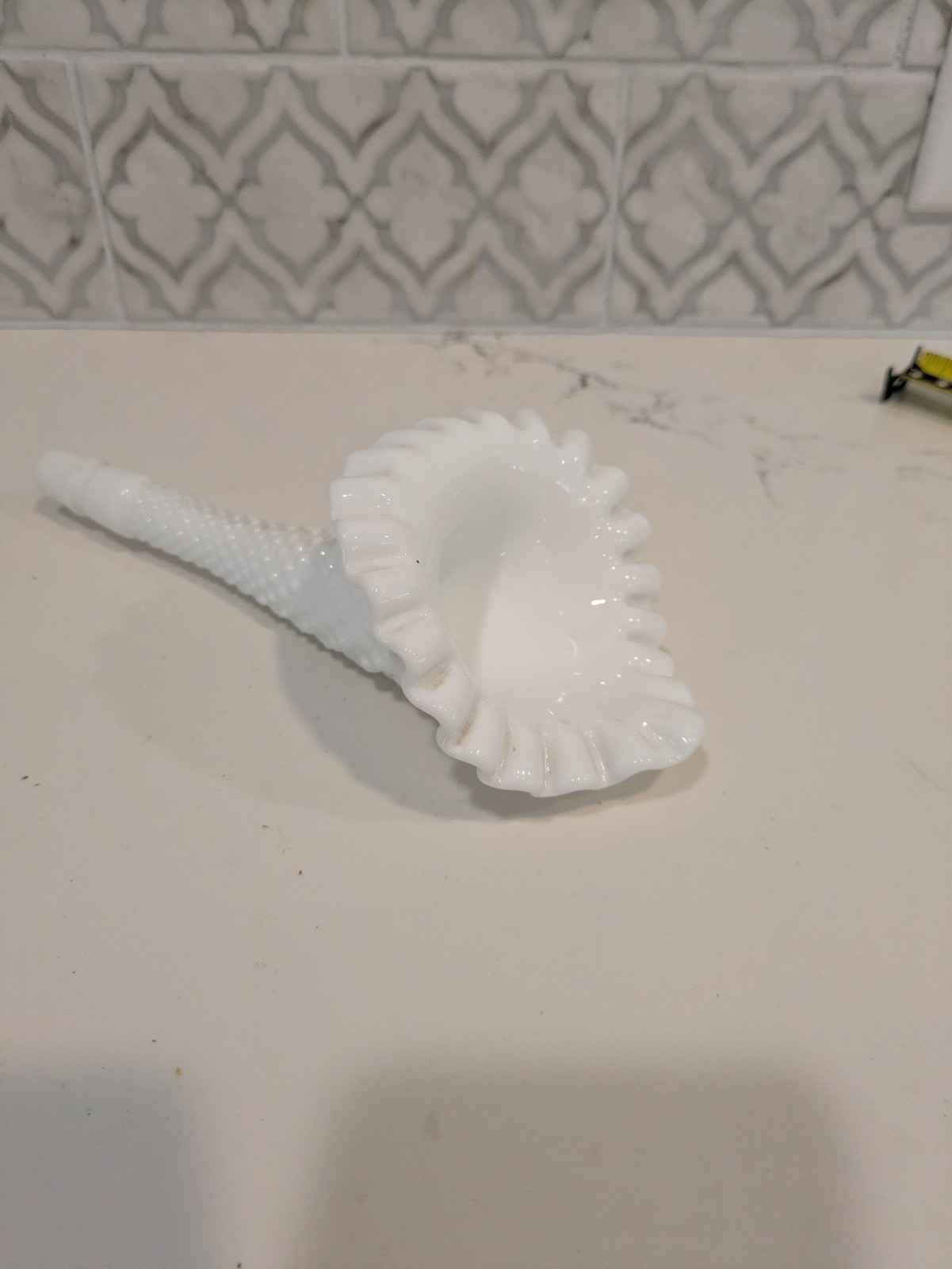 Fenton Milk Glass Hobnail Epergne Horn Replacement Tulip Ruffled Rim 8 1/2″ EUC