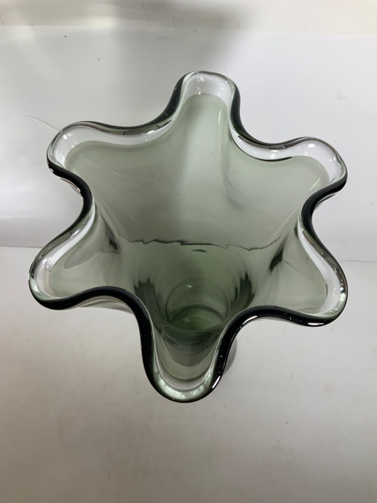 Vintage Hand Blown Glass Smokey Gray & Clear Top Ruffle Swung Vase 17.5 in.