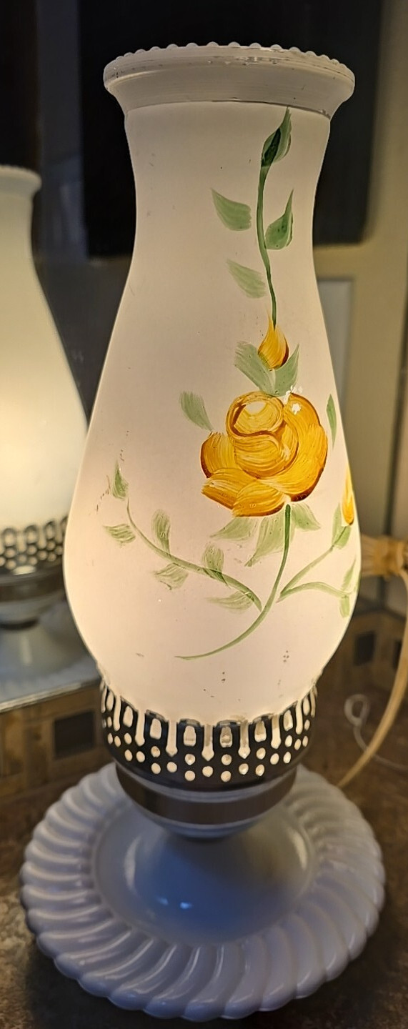 Vintage Milk Glass Vanity Boudoir Hand Painted Enamel Flower Floral 12″ Tall