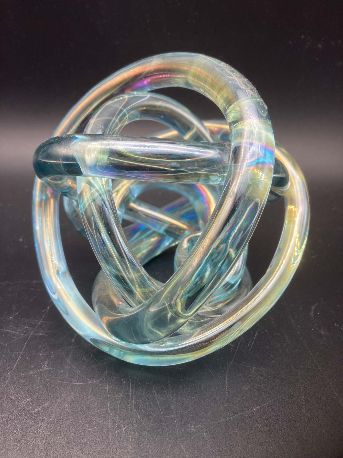 Decorative Light Blue Iridescent Pulled Glass Knot Sculpture 5.5” Gloss Finish