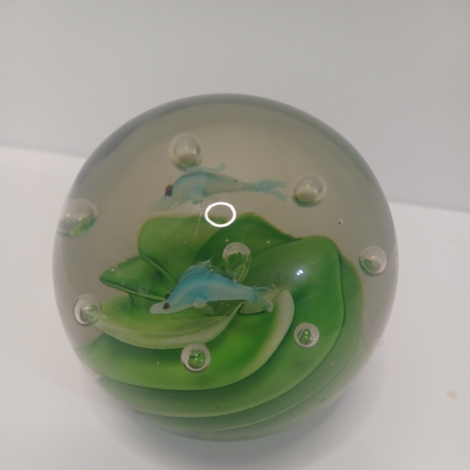 Art Glass Paperweight Dolphins Fish Clear Green Swirl Under Sea Water Bubbles