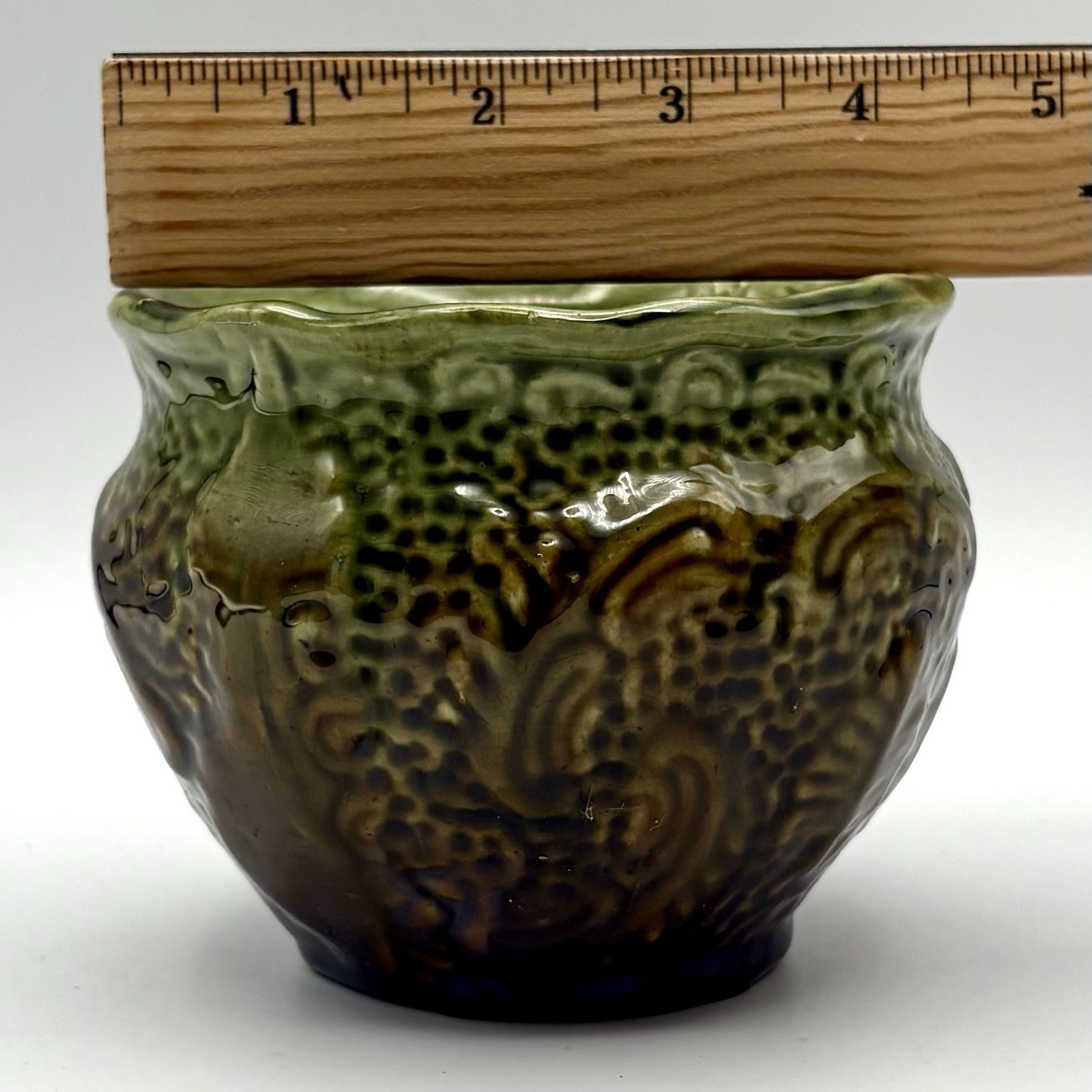 Antique Green Brown Glazed Majolica Jardiniere Planter Ceramic 3.75” X 4.25”