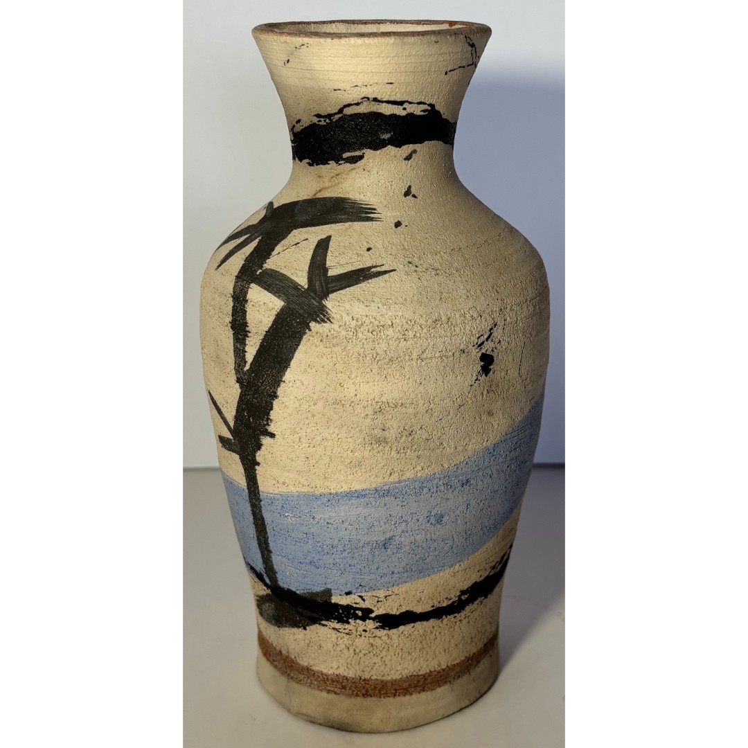 Vintage Collectible Handmade Hand Painted Vase Nautical Pottery Holly Blue Black