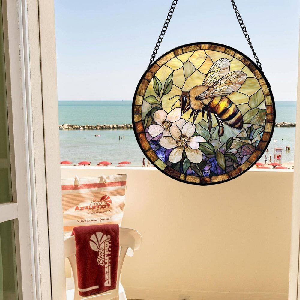 15 X 15 In. Stained Glass Window Hanging, Vintage Bee Yellow Flower Sun Catcher