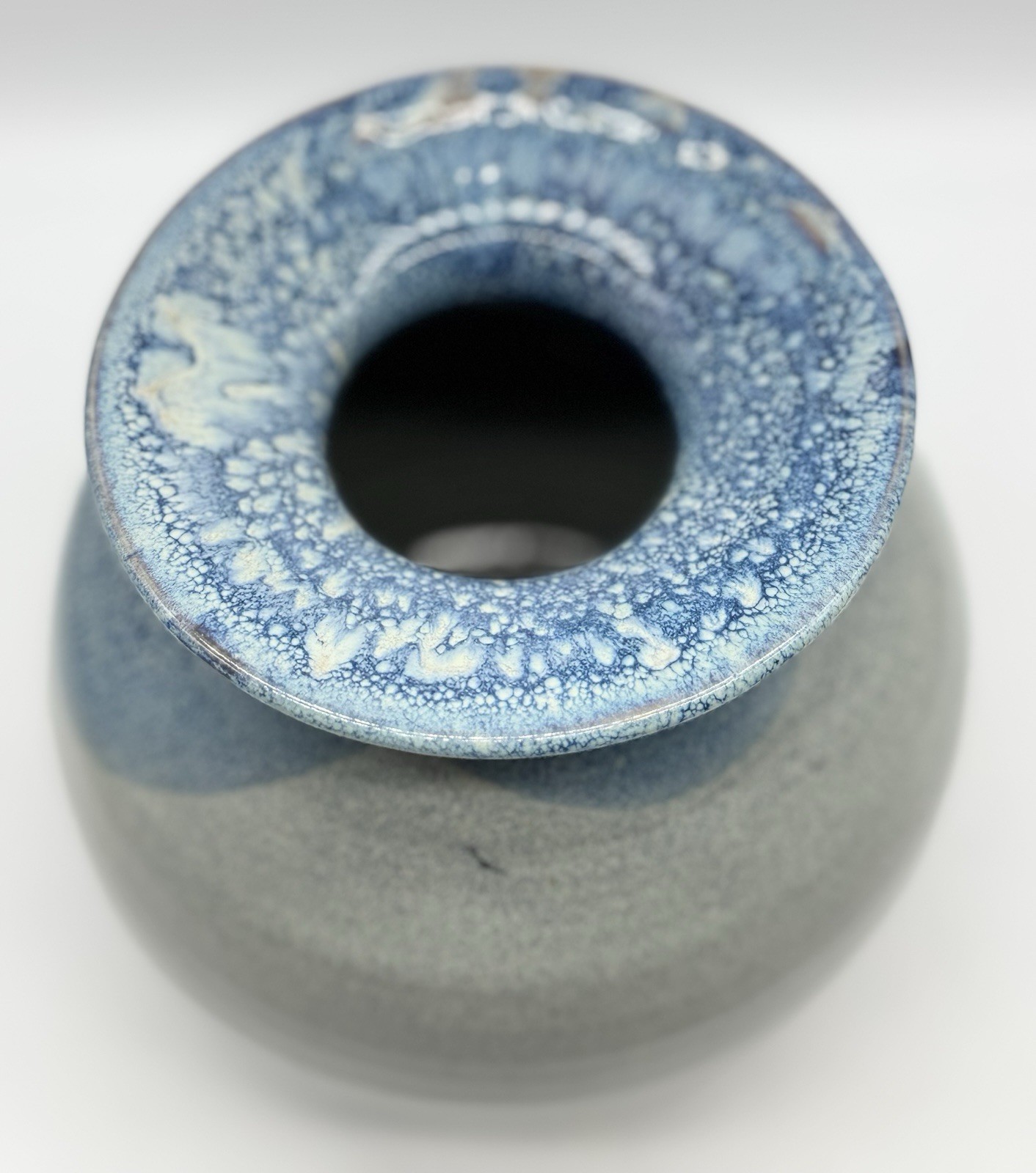 Blue & White Studio Pottery Vase, Round with wide brim signed, Coastal decor