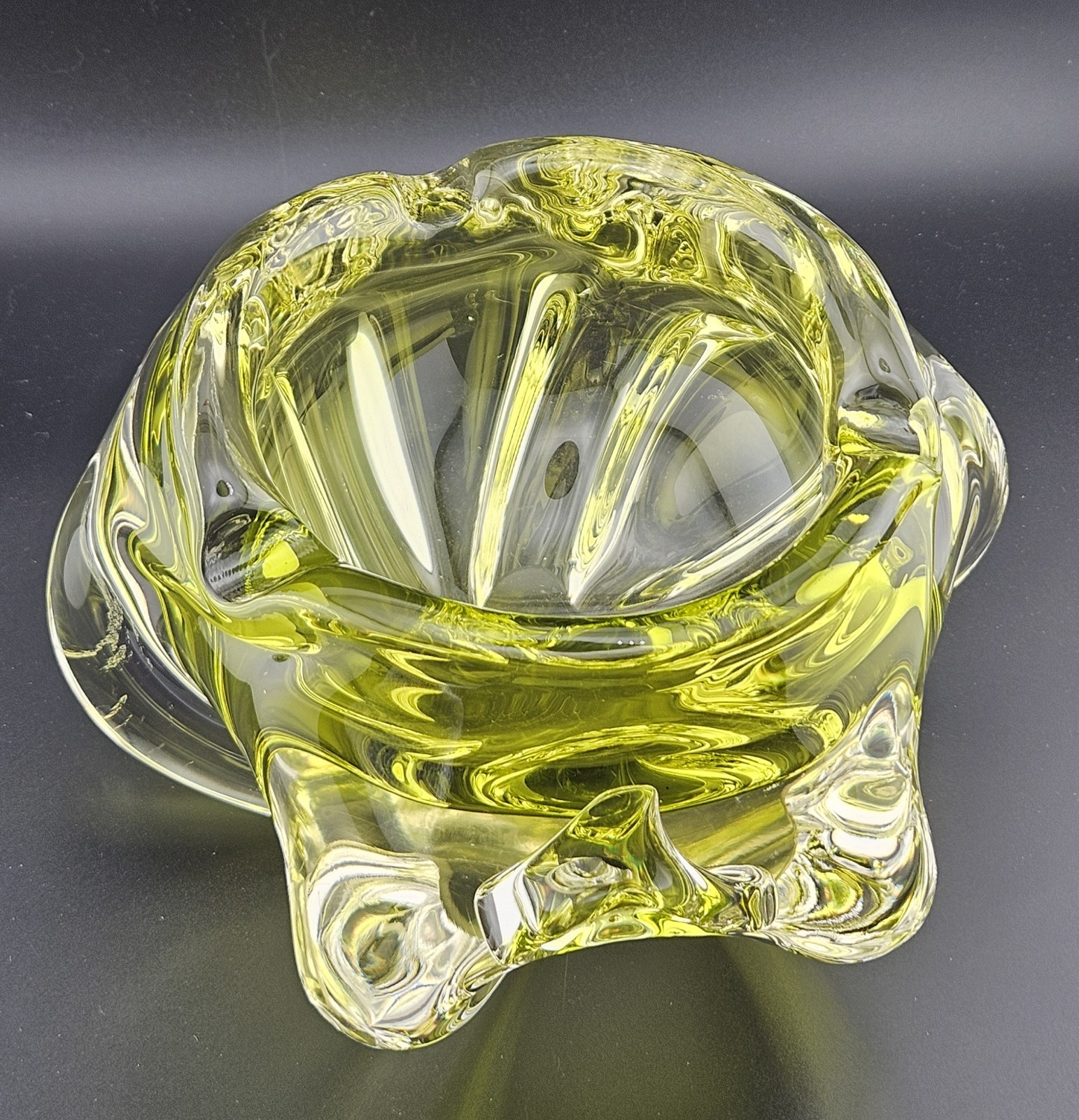 Stunning Mid-Century Murano Sommerso Heavy Canary Yellow Glass Art Bowl Vintage