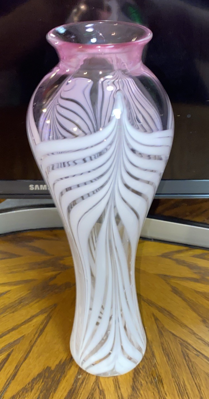 Art Glass Vase Clear Pink White Hand Blown by Emil R
