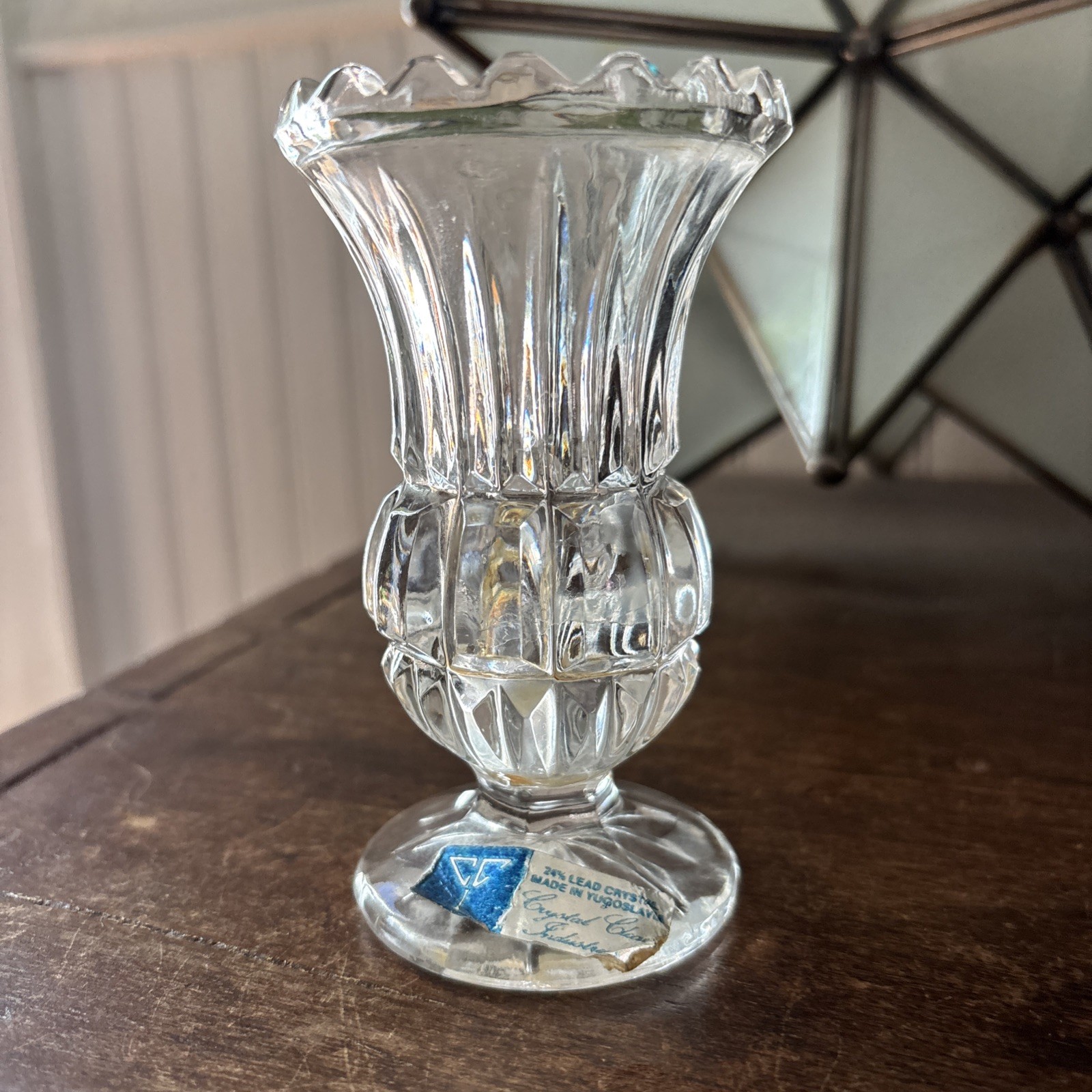 Crystal Clear 24% Lead Crystal 4.5″ Mini Vase Pinwheel Pattern Yugoslavia