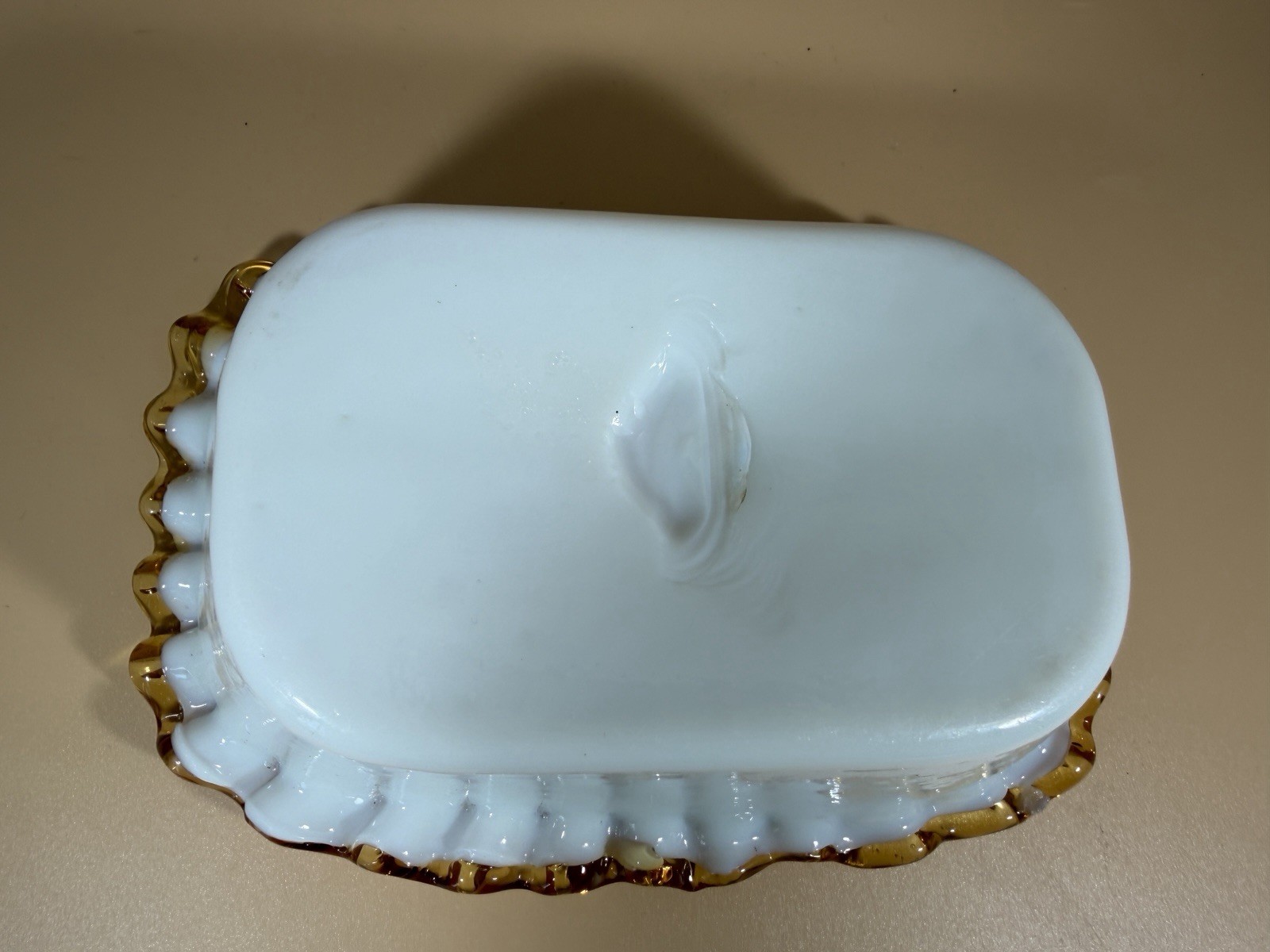 Peach Blown Glass Amber Crest -Crimped Fluted Rectangular Candy Dish -Art Glass