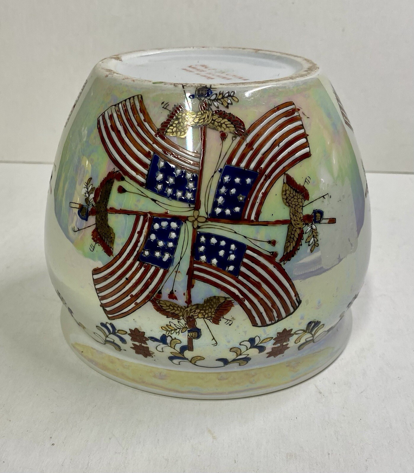 Vintage Hand Painted Patriotic Eagle & Flag Opalescent 5.0 Vase Planter Pottery