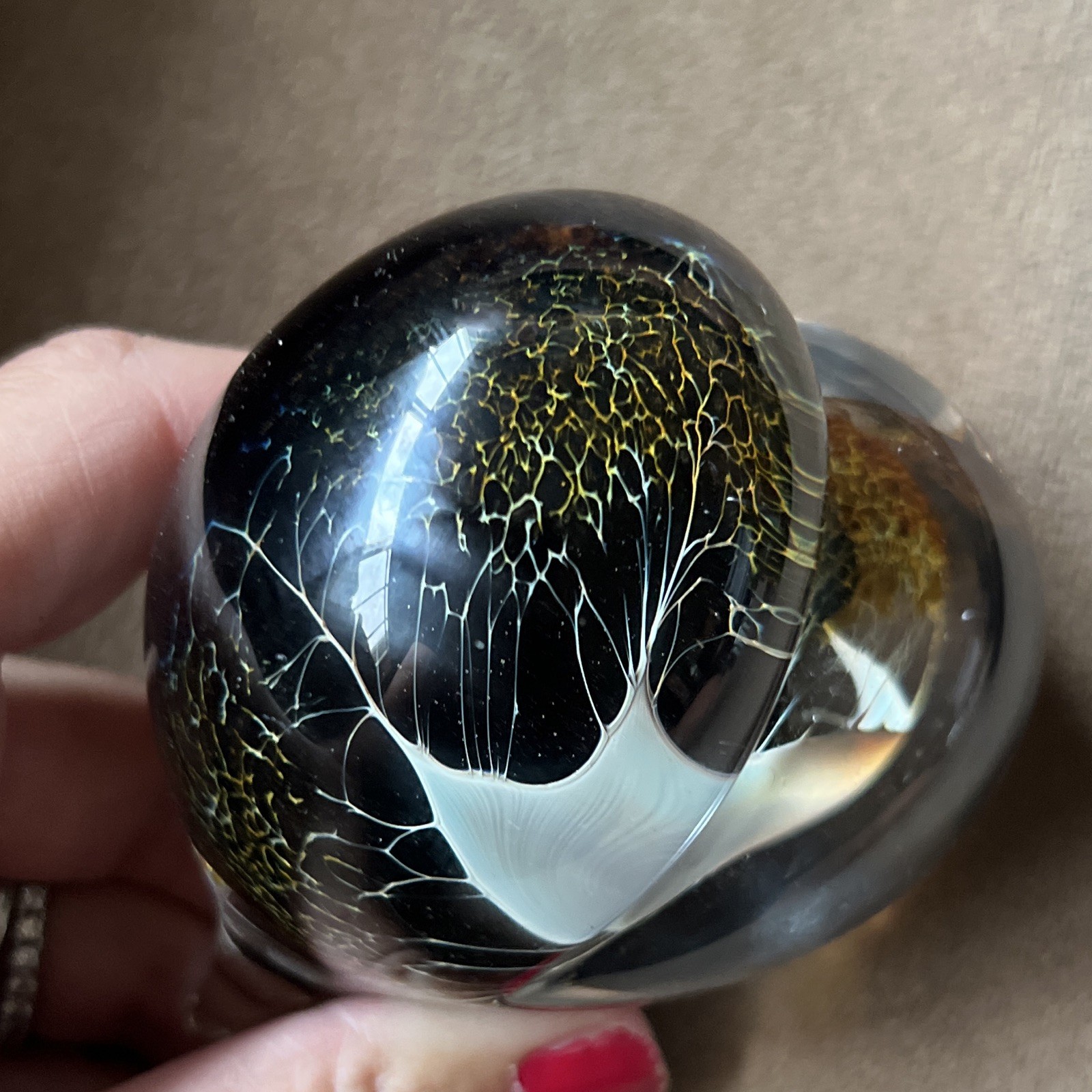 Robert Burch handblown Heart Shaped Paperweight Swirl black white gold 2009