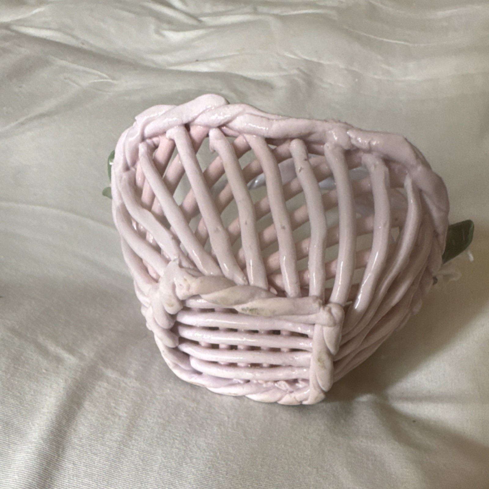 Pink Ceramic Floral Decorative Basket Hand Painted Oval with Handle