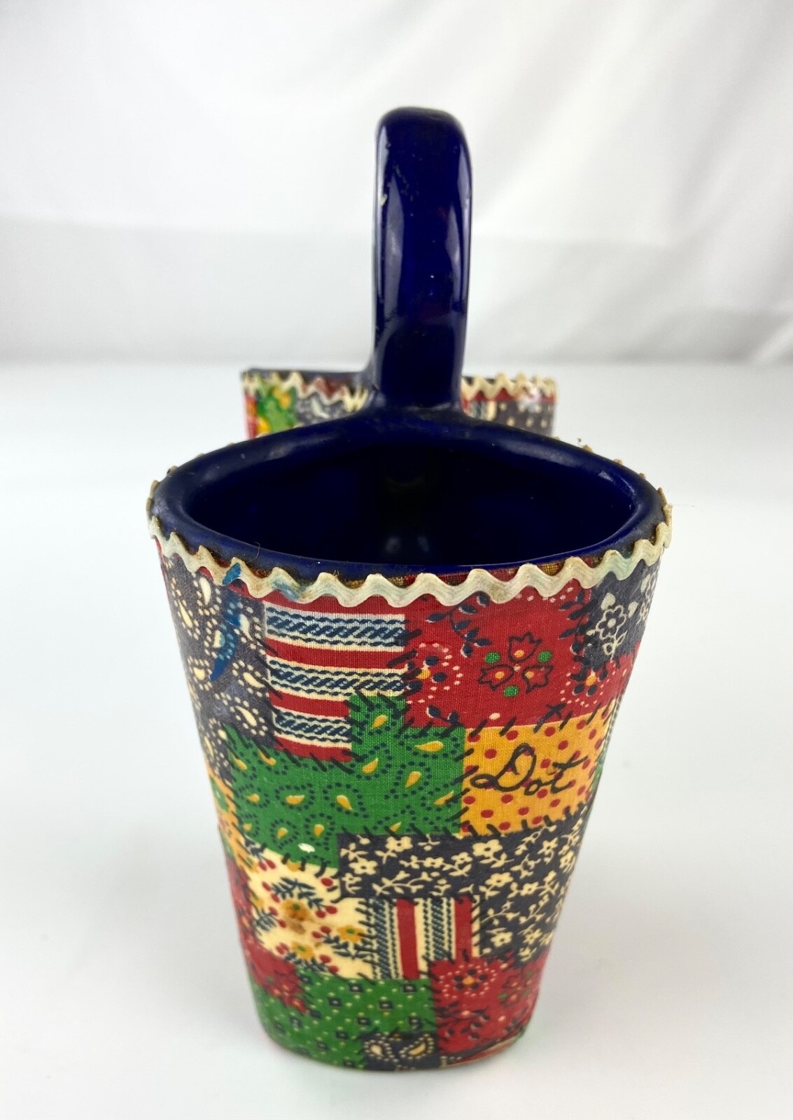 Vintage Patchwork Quilt Design Signed Ceramic Double Sided Vase Rare MCM