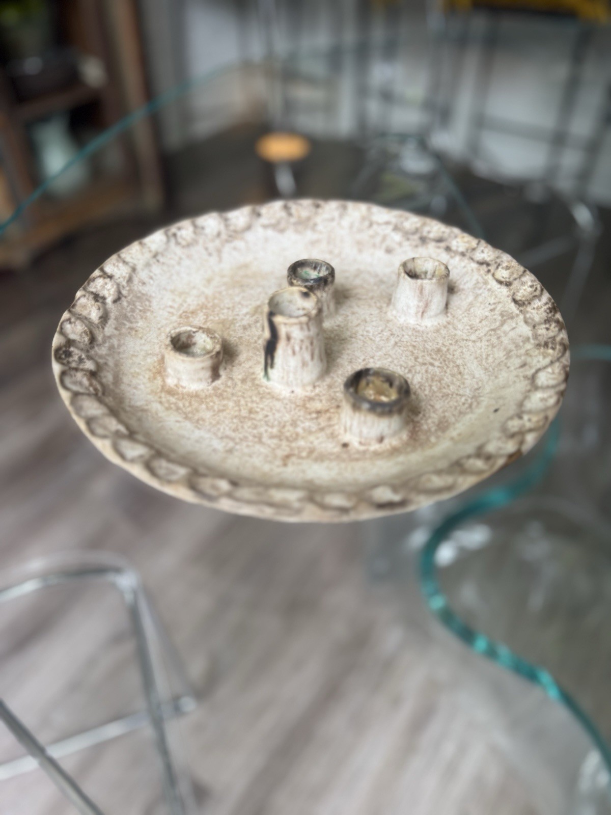Vintage McCarty Pottery 5 PIPE HOLE Candle Holder Plate Thumbprint 9.5″ Nutmeg