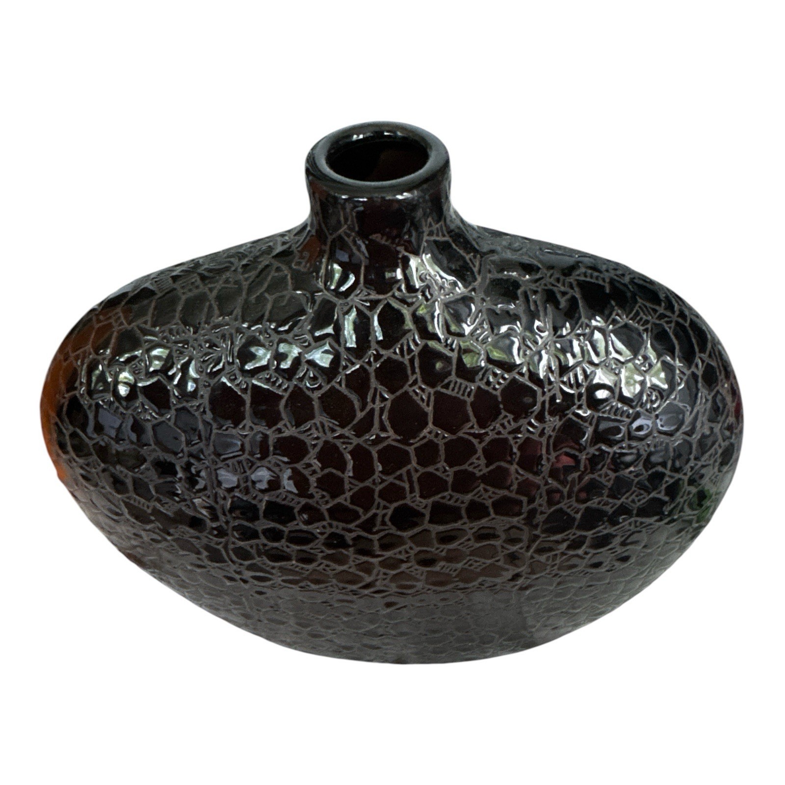 Flat Oval Bulb Bud Vase Gloss Black Textured Alligator Relief Modernist