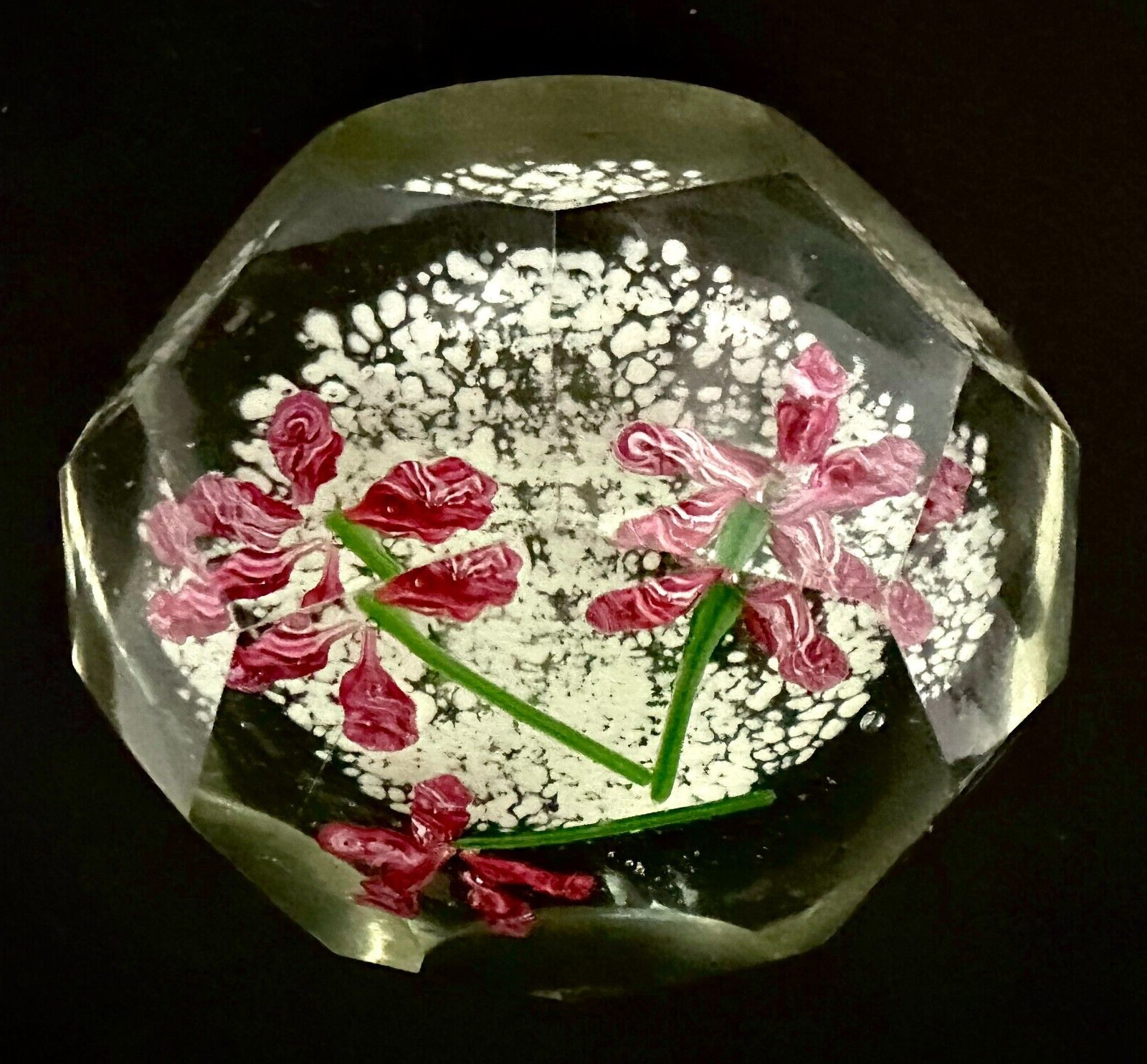 Art Glass Paperweight Czech Faceted, Pink Flowers with Green Stems Vintage
