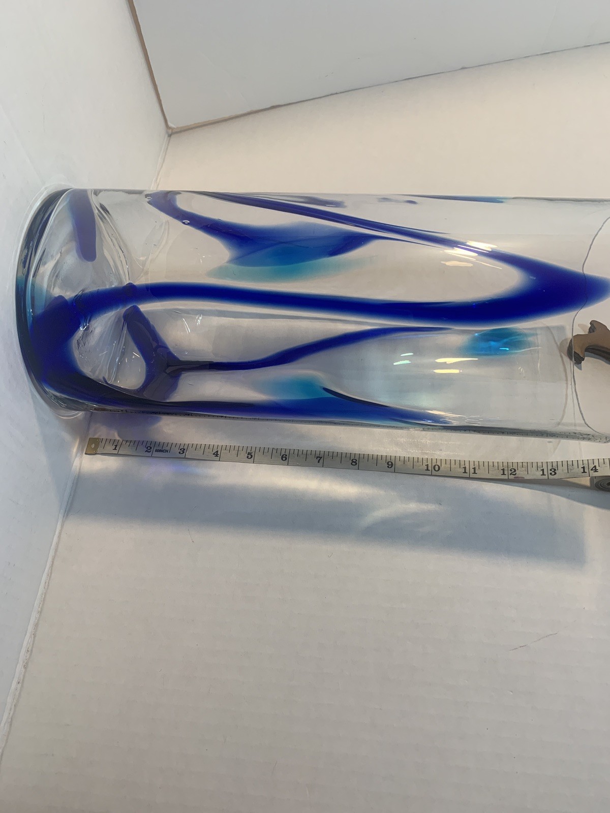 Hand Blown Mexican Glass Cylinder Vase 6″x14″, Clear w/Cobalt Blue Swirls