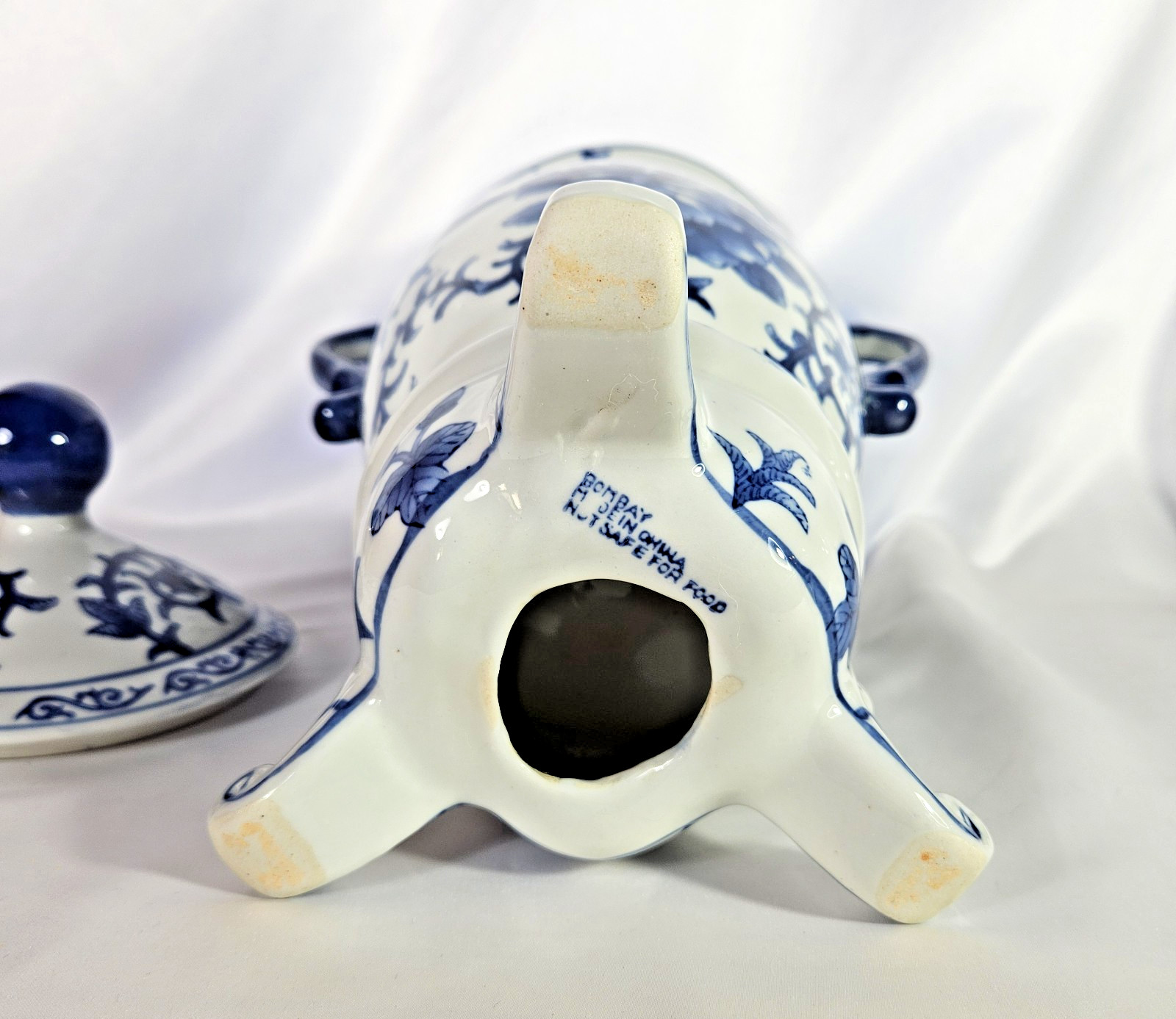 Vintage Bombay Company Blue and White Ceramic Ginger Jar Urn w/ Handles Feet Lid
