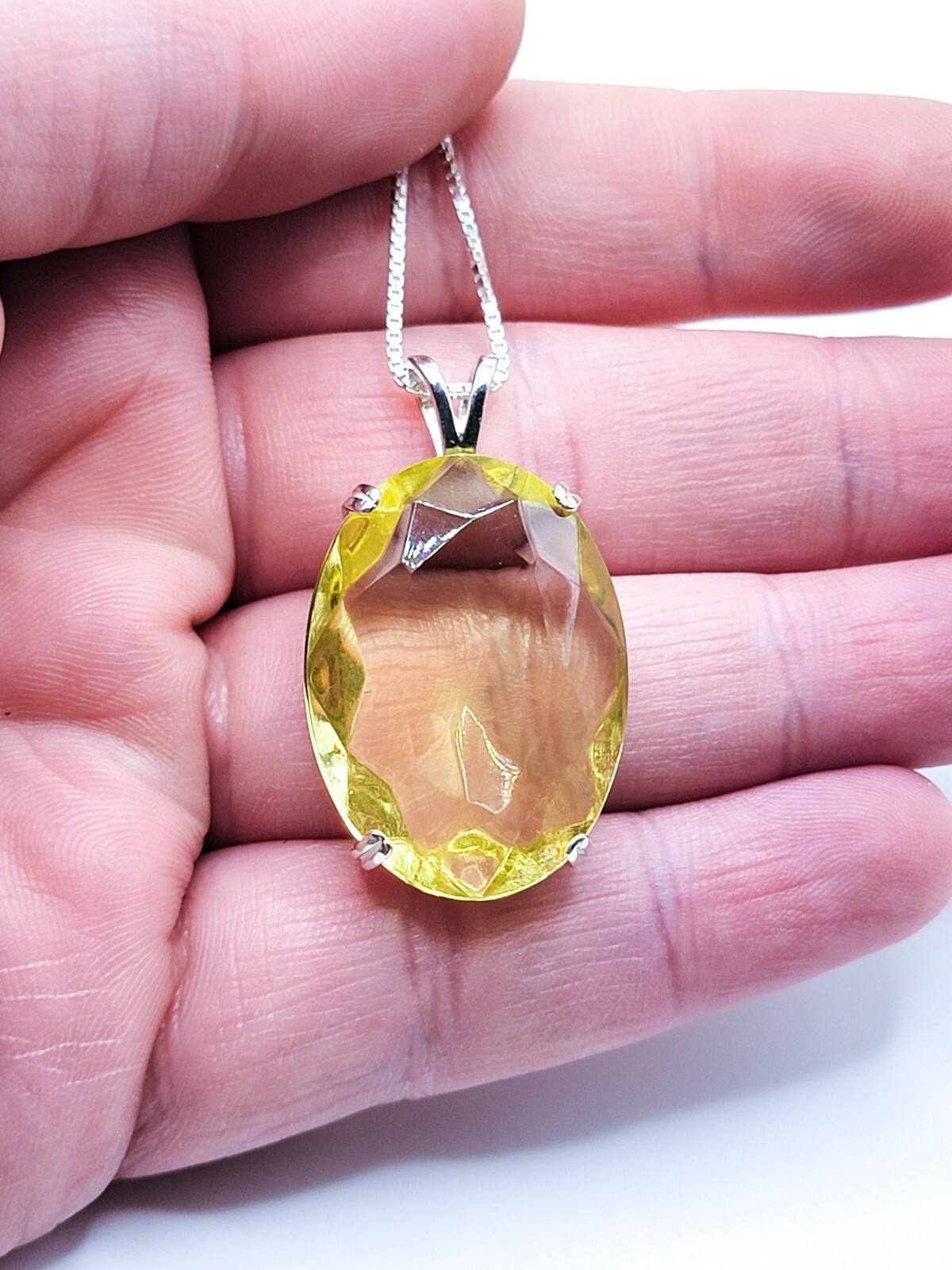 Huge Sterling Uranium Glass Neckl@ce Canary Yellow Pend@nt 925 Silver Vaseline
