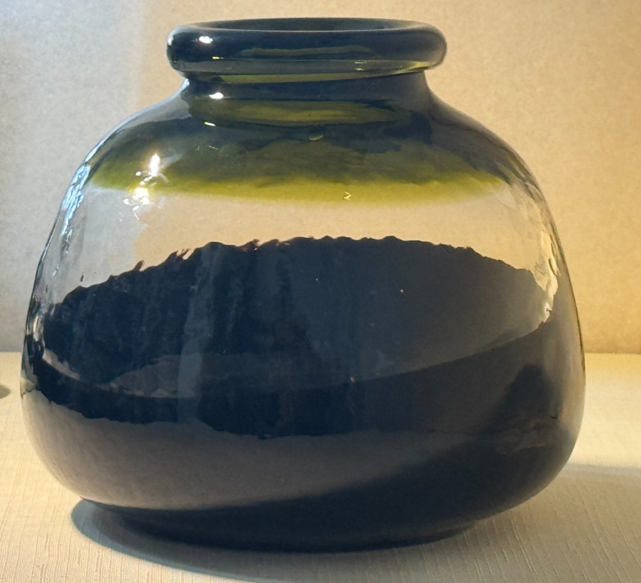 Olive Green Art Glass Vase Hand Worked Thick Rolled Rim Pontil Base