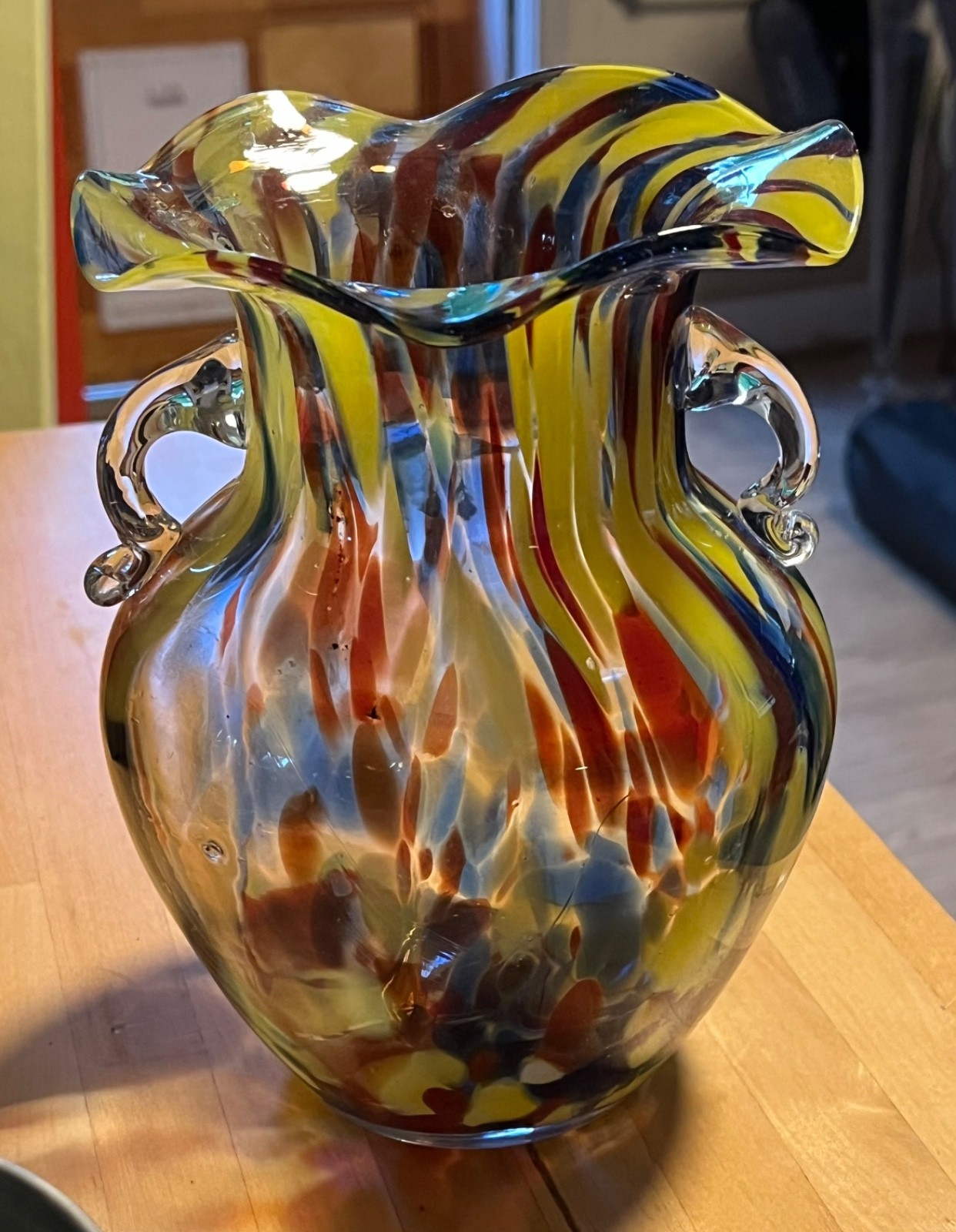Art glass vase with handles yellow red blue green