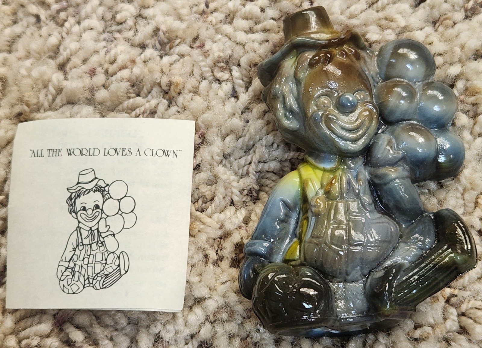 Vtg Mosser Glass 1981 BALLOON CLOWN NIKI Blue/Grn/Brown Slag 3-1/2″ T Fig w/ Box