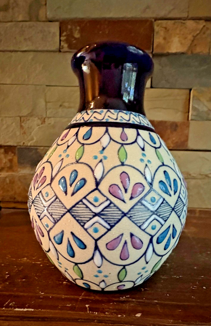 Javier Servin Morales Signed Vase Mexican Enamel Art Pottery Blue & Green 5”