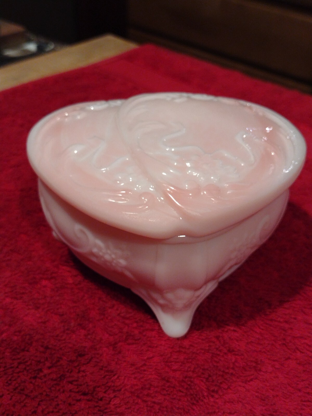 Fenton Art Glass Pink & White Milk Glass Double Heart Candy/ Trinket Box