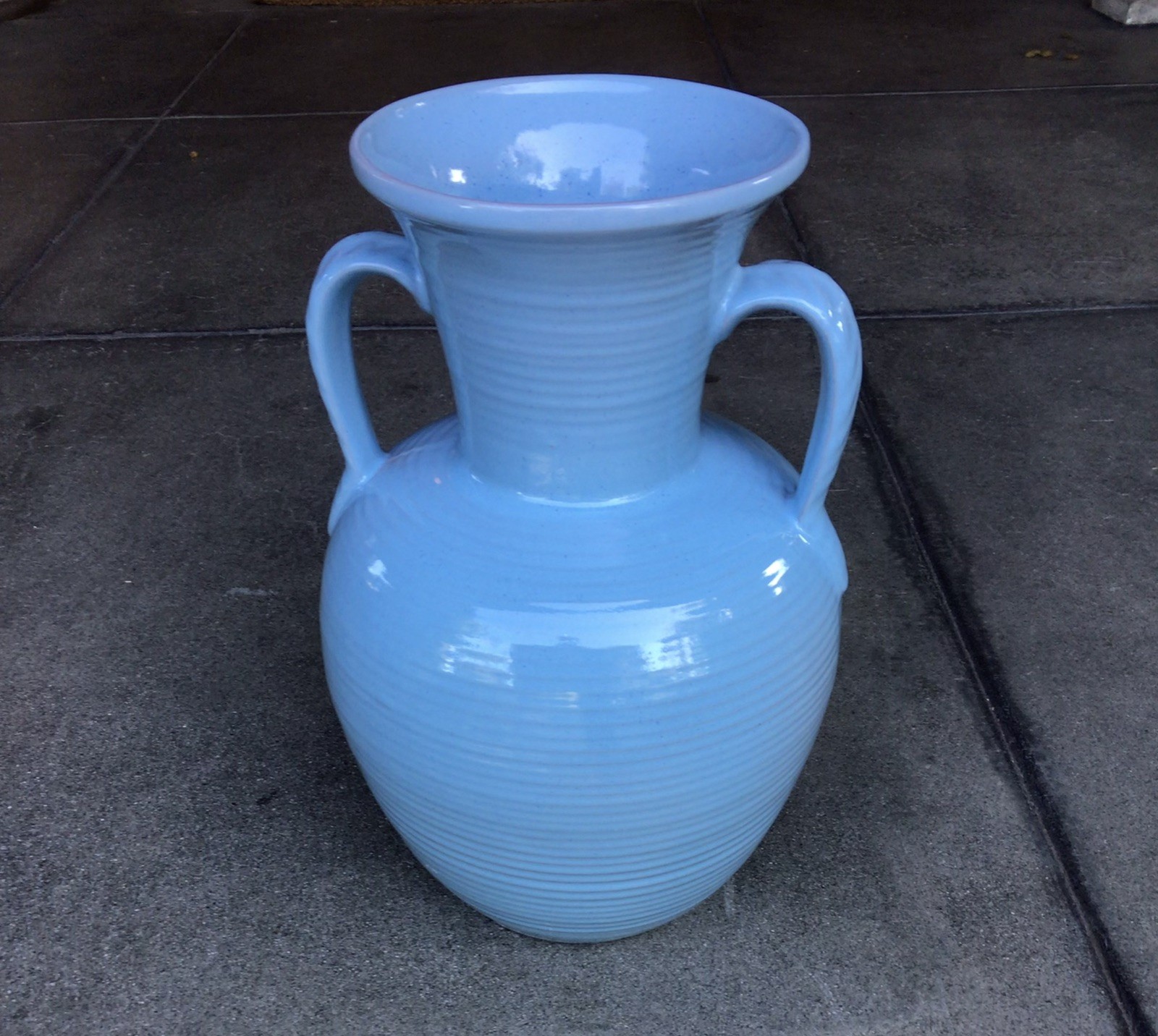Frankoma Pottery Vase Urn Leaf Handles Ribbed Robin’s Egg Blue Design # 71