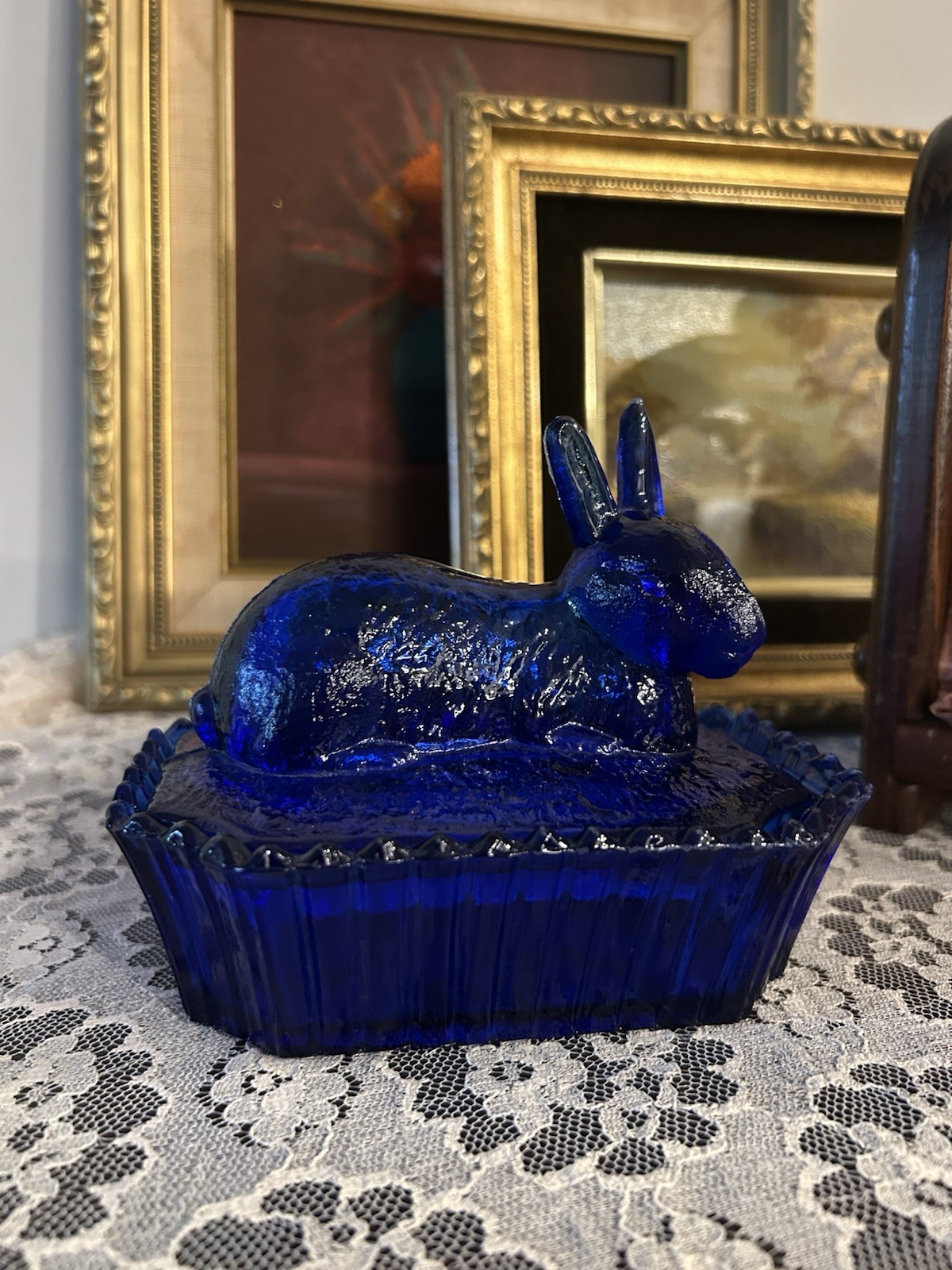 Vintage Indiana Glass Cobalt Blue Bunny On Nest Covered Dish Easter Cottagecore