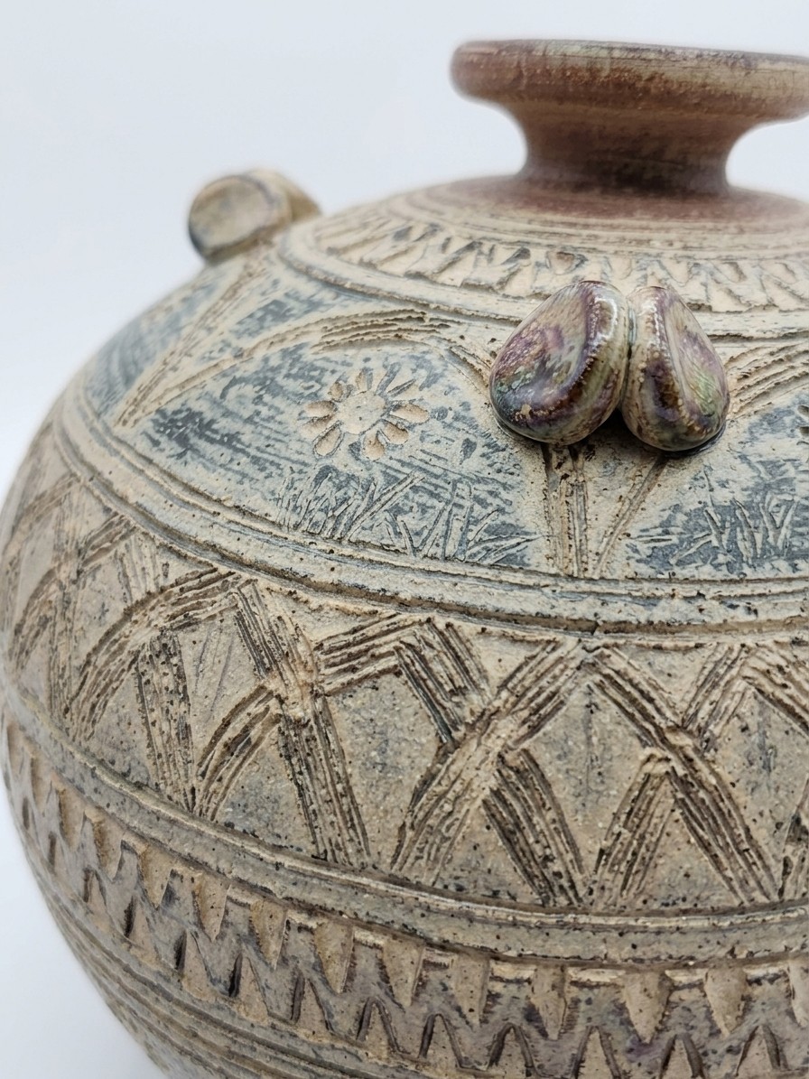 Hand-Thrown Studio Pottery Vase with Unique Incised Geometric and Floral Pattern