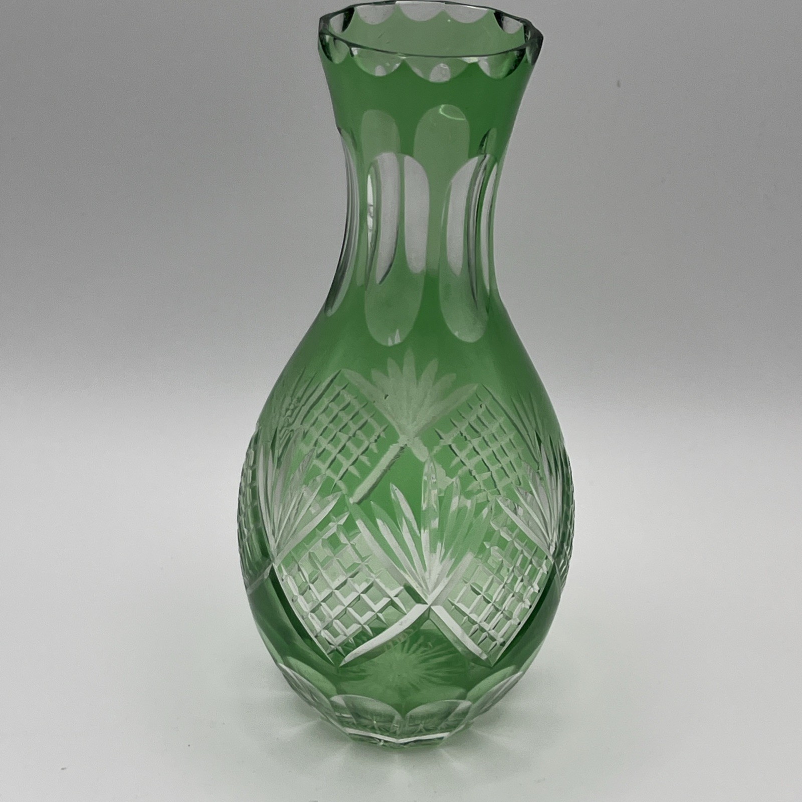 Vintage Light Green Cut to Clear Crystal Vase 6” Bohemian Chartreuse Lime