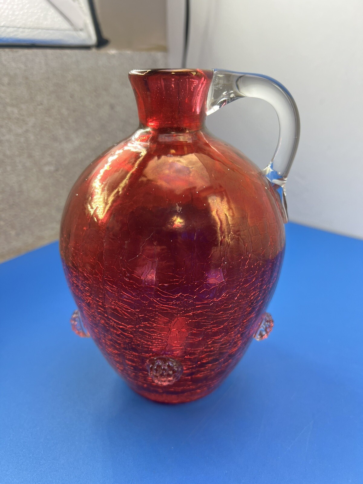 MCM Pilgrim Co. Ruby Red Hand Blown Crackle Glass Optic Jug Vase With Knobs
