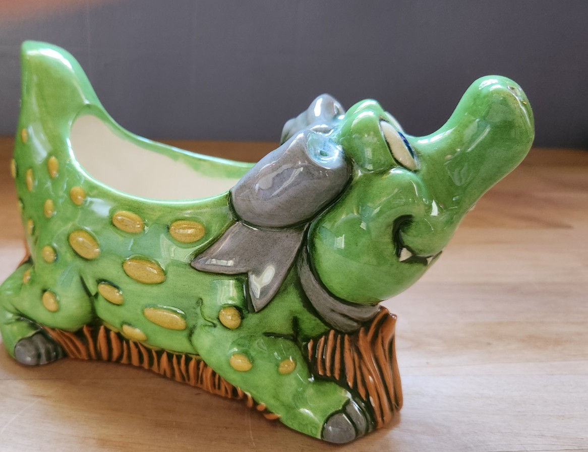 Vintage Hand Painted Cute Alligator with Bow Art Pottery Planter Green
